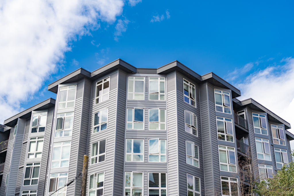 Architectural building in residential area. Building perspective view. Condominium architecture. Architecture building. Residential condominium. Modern condominium building. Real estate.